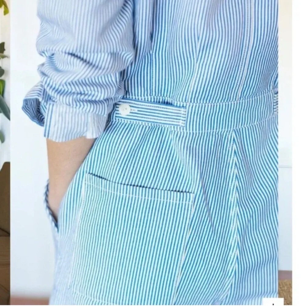OuterKnown S.E.A Suit Organic Cotton Linen Blend Striped Blue Coverall Sz S NWT - Picture 2 of 5